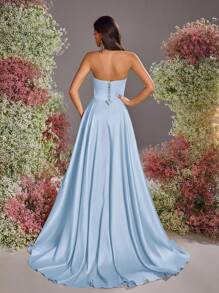 Glamrae Elegant Romantic Sexy Satin Strapless Backless High Slit Fishtail Formal Evening Gown, Party Dress, For Wedding Guest