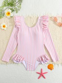 Tween Girls Striped Long Sleeve One-Piece Swimsuit, Ruffled Detail, Sweetly Pink & White - Multicolor - View 3