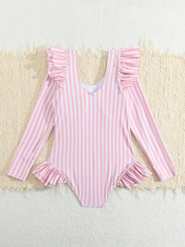 Bañador de una sola pieza con mangas largas a rayas para niñas preadolescentes, con detalles de volantes, color rosa y blanco dulce - Multicolor - Añade 2