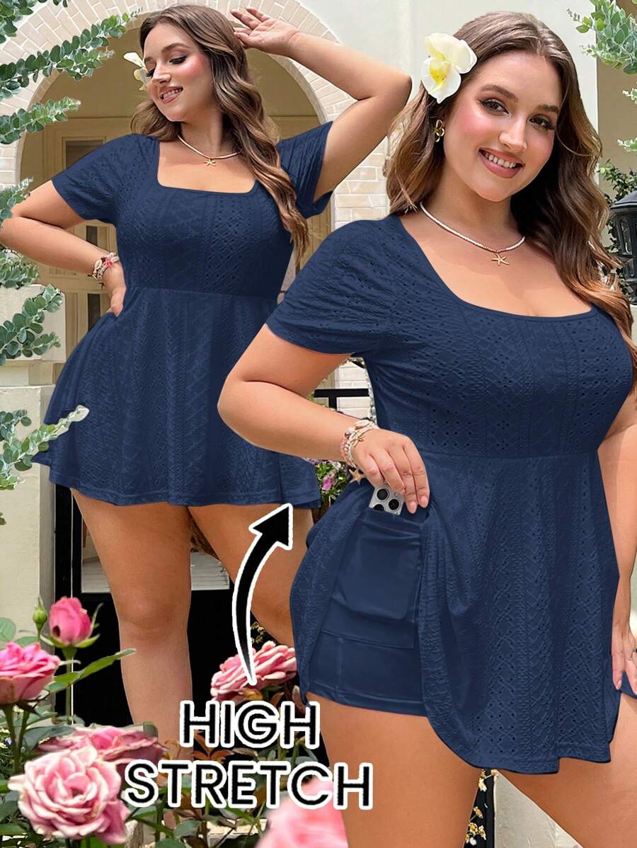 SHEIN EZwear 大码女式纯色短袖休闲连体裤,日常穿着,春夏服装,藏蓝色 - 藏蓝色 - 查看 1