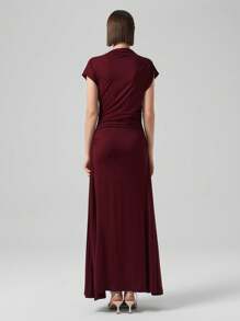 Ontre 2026 New Elegant Style Women's Dress, Wedding Guest Dress, Knitted Fabric, Comfortable Stretchy, Flutter Sleeve, Versatile For All Seasons, Business Casual Office Wear, High-Quality Airport Fashion Modern Urban Casual Fashion Business Casual Women's Office Wear Low-Key Old Money Style Effortless Temperament High-End Urban Commuting High-Quality Airport Women's Wear High-End Material High-End, Elegant, Old-Fashioned Cruise Attire For Wedding Guests - Maroon - View 5