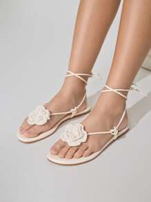 CUCCOO CHICEST Women's Woven Camellia Ankle Strap Square Toe Flat Sandals, Elegant And Romantic Casual White Knitted Ladies Flat Sandals For Afternoon Tea, Vacation, Beach And Hawaii Style