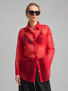 Ontre 女士夏季红色真丝衬衫，时尚性感透视长袖衬衫，办公室教师通勤，百搭设计 - 紅色 - 查看 4