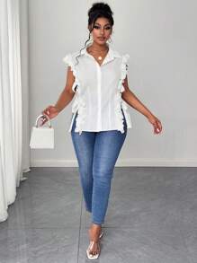 Plus Size Woven Elegant Romantic Vacation Lace Sleeveless Shirt - White - View 3