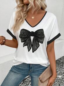 INAWLY Damen Sommer V-Ausschnitt Farbblock Schleife Muster Kurzarm T-Shirt