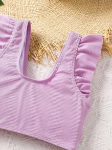 SHEIN Conjunto de bikini con cuello en V y volantes de color liso para niñas preadolescentes