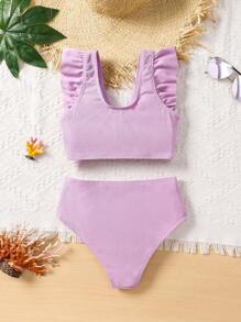 SHEIN Conjunto de bikini con cuello en V y volantes de color liso para niñas preadolescentes