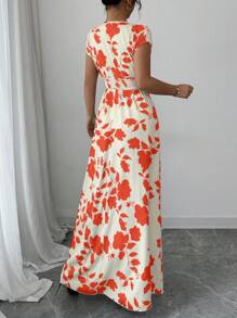 Elenzga Robe de vacances longue et élégante avec imprimé floral et lien à la taille pour femme - Multicolore - Voir 2