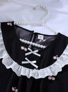 SHEIN Teen Girl White Bow Ruffle Hem Pink Cherry Bubble Short Sleeve Long Nightgown Sleepwear Bow Summer Clothes Graduation Gift Ballerina Clothes Girls Dresses - Black - View 6