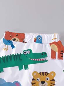 SHEIN Playful Pals 1 Set Infant & Toddler Cartoon Print Outfit, Full Print Tiger, Crocodile And Other Adorable Animal Patterns, Short Sleeve Top And Shorts Set, Lightweight Daily Wear, Suitable For Spring/Summer - Multicolor - View 7