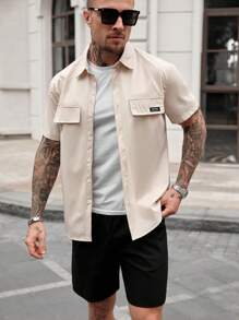 Manfinity Homme Men's Casual Solid Color Shirt And Shorts Set, Versatile Men's Shirt Short Sets Sets For Men Shirt Co Ords Men Clothes Set Summer Shirt Set Men Sets For Men Summer - Multicolor - View 3