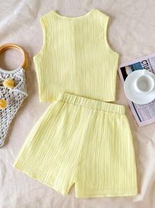SHEIN Tween Girl Casual Solid Color Sleeveless Top & Straight Leg Shorts 2 Pieces Set, Tween Girl - Mustard Yellow - View 2