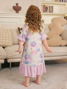 Young Girl' Light Purple Puffed & Ruffled Trim Short Sleeve Ruffle Hem Dress - Mauve Purple - View 2