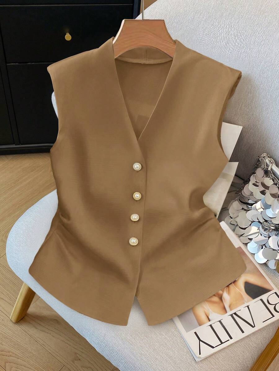 SHEIN Clasi 女士无袖优雅衬衫 - 棕色 - 查看 1