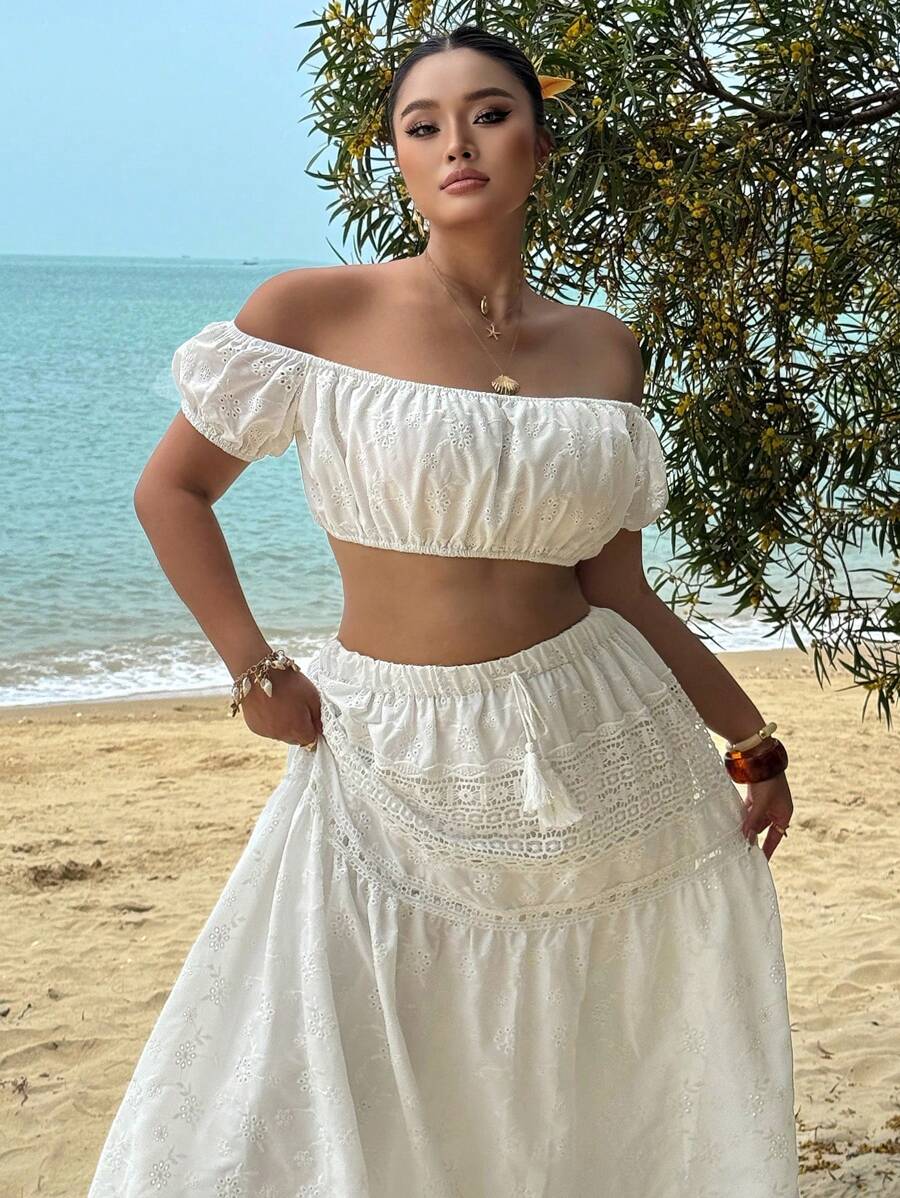 Sunnyshic 2 Pieces Set: Short Ruched Lace Patchwork Bamboo Shoot Skirt - White - View 1