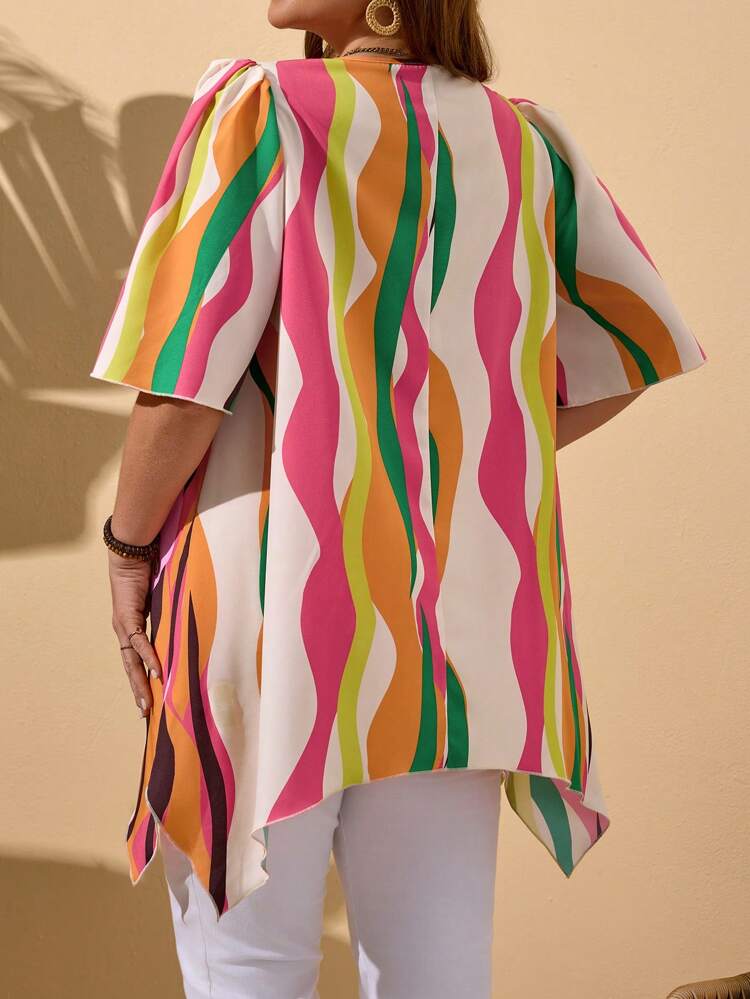 Plus Size Round Neck Asymmetric Hem Full Print Casual Blouse, Going Out Tops, Mother's Day, Simple And Fashion Style, Suitable For Summer, Vacation