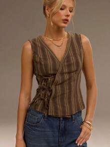 SHEIN Forever 21 Summer Women Prom/Formal/Beach/Vacation/Cute/Western Wear/Business Casual/Elegant/Birthday/Going Out/Club/Office/Festival/Rave/Work/Classy/Country Concert/Brunch//Old Money/Airport/Modest/Church/Fairycore/Sexy/Funny/Hippie/Tea Party/Y2k/Streetwear/2000s/Disco/Spring Break/Graduation/Wedding Guest/Cocktail/Vintage/Resort/Coachella/Mother's Day/1960s Coachella/V-Neck Sleeveless Brown Top