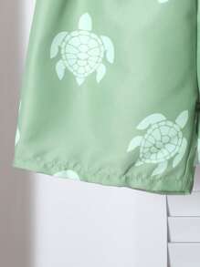 SHEIN Toddler Boys' Green Sea Turtle Print Cute Beach Swim Trunks Summer Holiday