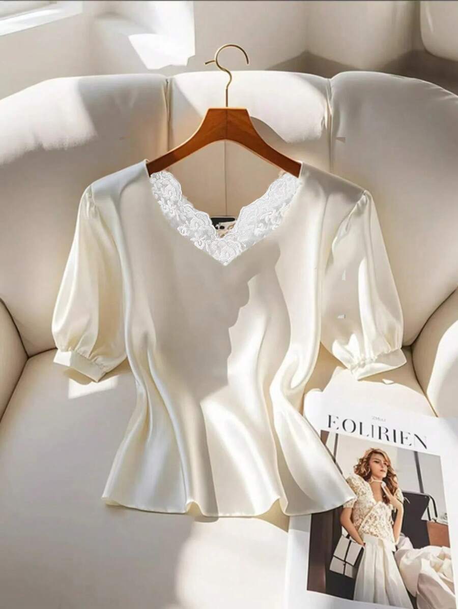 EMERY ROSE Summer New V-Neck Floral Short Sleeve Satin Blouse, Elegant Commuting Top For Women