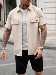 Manfinity Homme Men's Casual Solid Color Shirt And Shorts Set, Versatile Men's Shirt Short Sets Sets For Men Shirt Co Ords Men Clothes Set Summer Shirt Set Men Sets For Men Summer - Multicolor - View 4