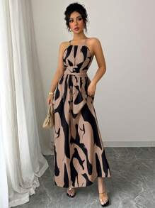 Elenzga Vestido elegante de mujer con cuello halter, corte en la cintura, twist y bloque de color asimétrico, para primavera/verano