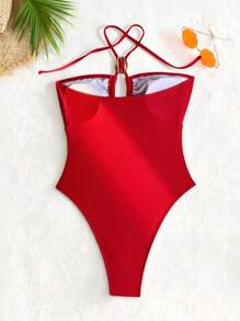 Swim SXY 女士连体泳衣，纯色交叉露背比基尼，性感欧美风 - 紅色 - 查看 5