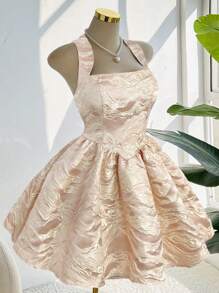 Chiquease 无袖提花迷你连衣裙，优雅夏季露背领口 - 粉色 - 查看 4