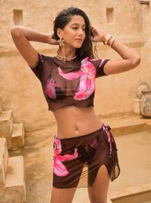 SHEIN Swim Set di bikini sexy con laccetti e stampa floreale, con top a fascia e coprispalle, e gonna, per l'estate e la spiaggia