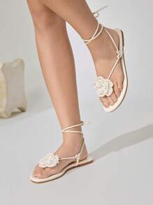 CUCCOO CHICEST Women's Woven Camellia Ankle Strap Square Toe Flat Sandals, Elegant And Romantic Casual White Knitted Ladies Flat Sandals For Afternoon Tea, Vacation, Beach And Hawaii Style