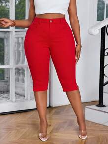 SHEIN SXY Jeans de talla grande de unicolor con bolsillo con abertura y longitud 7/8