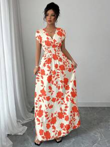 Elenzga Robe de vacances longue et élégante avec imprimé floral et lien à la taille pour femme - Multicolore - Voir 5
