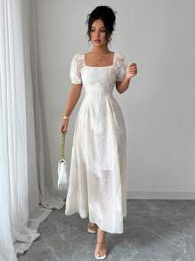 Elenzga 优雅法式杏色方领提花网眼泡泡袖长裙，腰部收褶设计，显瘦迷人连衣裙 - 杏色 - 查看 4