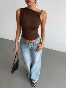 Aloruh Top corto senza maniche con scollo tondo arricciato, elegante e sensuale, da donna