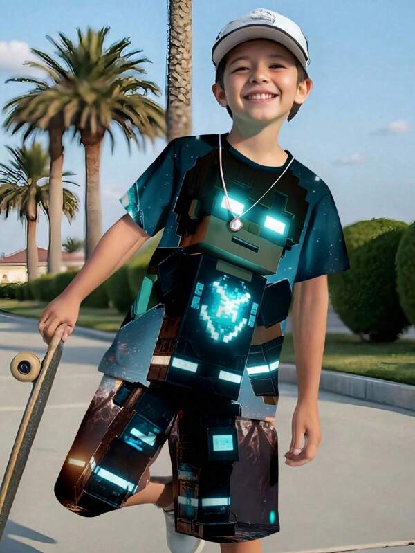 SHEIN Conjunto informal de 2 piezas para niño preadolescente, con figura humana pixelada estampada y escote redondo de manga corta, apropiado para el verano