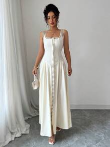 Elenzga Vestito elegante e raffinato in stile europeo e americano da donna per l'estate, senza maniche, con vita arricciata, orlo dorato con motivo floreale sulla parte anteriore aperta, adatto per uscite casual, feste e varie occasioni - Albicocca - Visualizzare 3