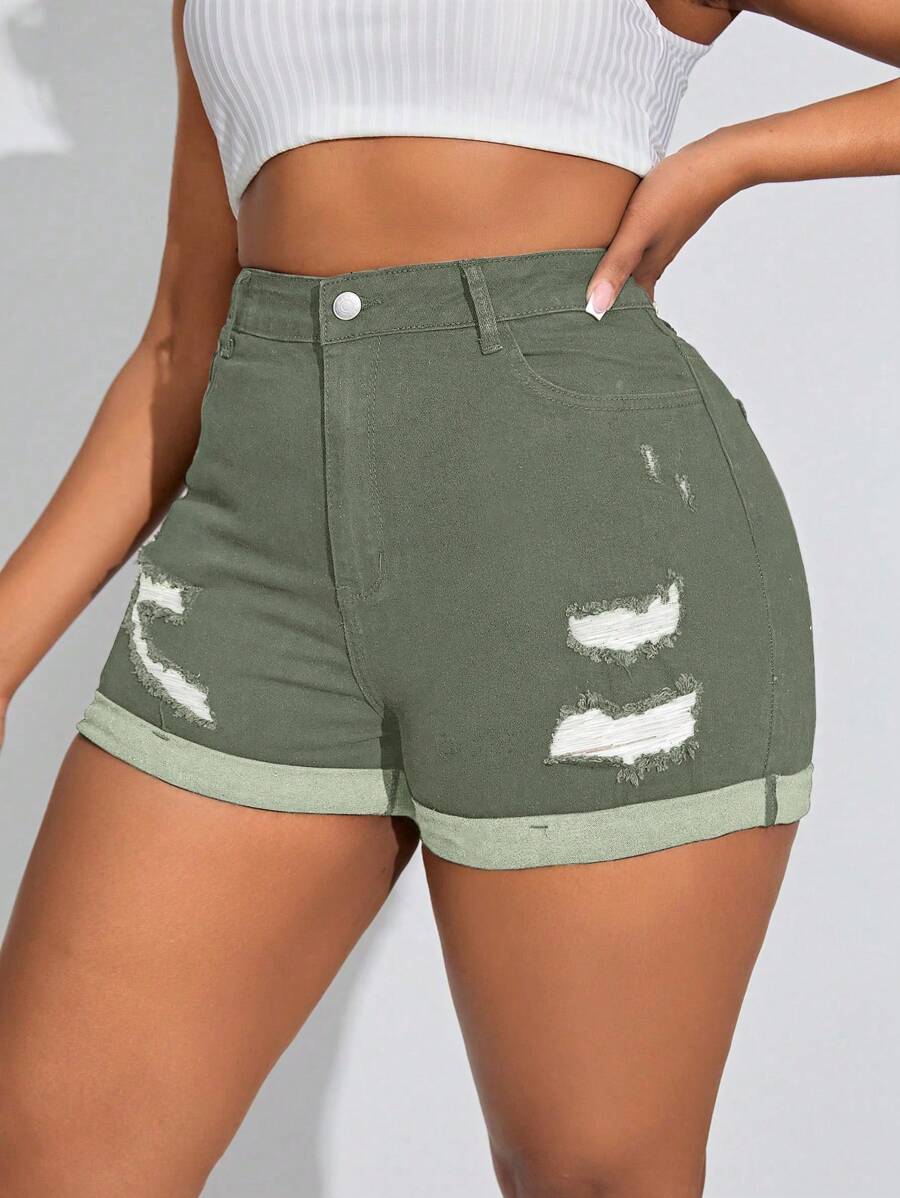 SHEIN SXY Quần short denim bó sát giặt thường ngày cỡ lớn - màu xanh lá - Xem 1