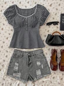 TEENGIRL Checkered Woven Casual Retro Style Short Sleeve Shirt, Summer