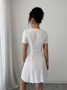Airlisse Vestido francés elegante de manga corta con parche de encaje de unicolor para mujer