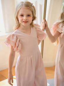 SHEIN Young GirlV-Neck Multi-Layer Ruffle Designed Fitted Pink Jumpsuit - Pink - View 1