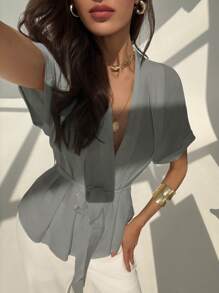 Aloruh Camisa de mujer de manga corta lisa, moda adecuada para el verano - Gris Claro - Ver 7