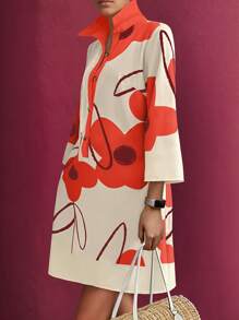 SHEIN LUNE Plus Size Summer Contrast Floral Print Button Front Loose Dress - Multicolor - View 1