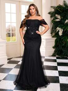Glamrae Plus Size Elegant Black Formal Dress With Off Shoulder, Lace Splicing, Mesh Fabric, Ruched Design, Party Dress, Gown, For Evening, Wedding Guest - Black - View 1