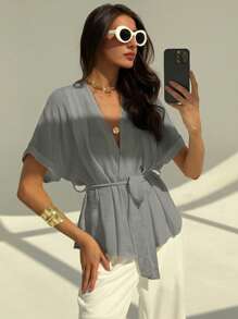 Aloruh Camisa de mujer de manga corta lisa, moda adecuada para el verano - Gris Claro - Ver 6