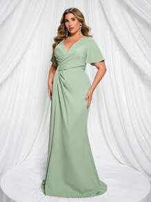 SHEIN Belle Plus Size Ruched V-Neck Pleated Dress, Elegant Simple Light Green & Yellow Bridesmaid Dress - Green - View 5