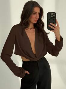 Aloruh 办公室穿着深垂领长袖修身女式衬衫 - 棕色 - 查看 3