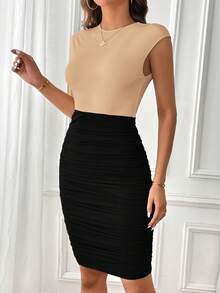 Firerie Robe mi-longue ajustée élégante à blocs de couleurs pour femmes, été - Kaki - Voir 5