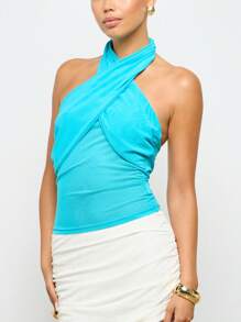 AiiRZ 露背交叉领夏季派对上衣度假装无袖网纱拼接设计晚宴场合衬衫俱乐部舞蹈服 - 藍色 - 查看 4