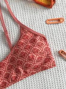 Swim Mod 1pc Women's Summer Random Print Spaghetti Strap Beach Holiday Bikini Top - Pink - View 3