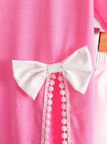 2pcs Young Girls 3D Bow Letter Print Split Hem T-Shirt And Minimalist Casual Shorts Set - Multicolor - View 7