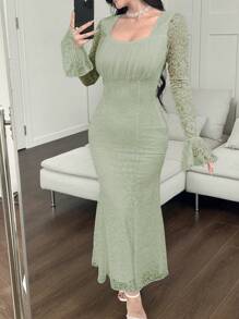 Modelyn Women's Lace Patchwork Bell Sleeve Bodycon Fishtail Dress, Elegant And Sexy Fall Cloth For Women - Green - View 5